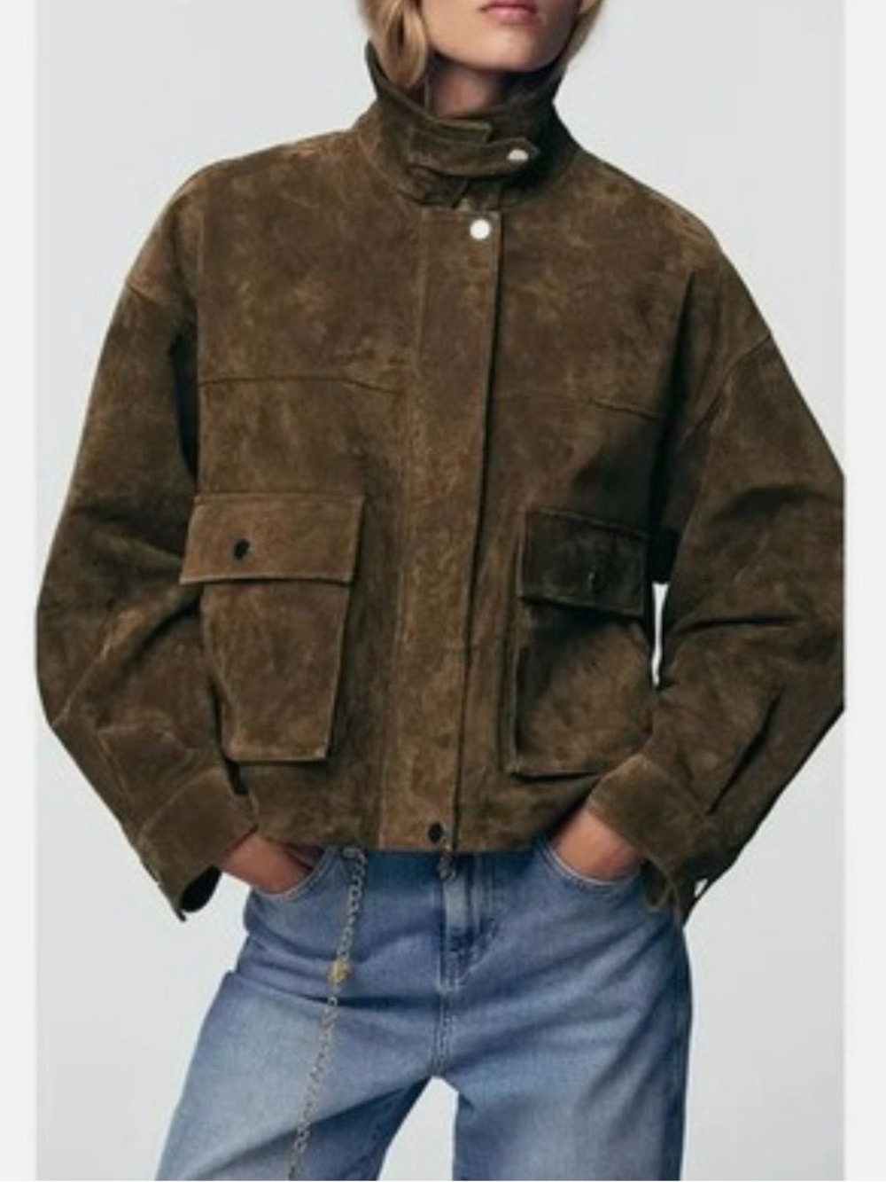 Zara Suede Bomber Jacket Brown